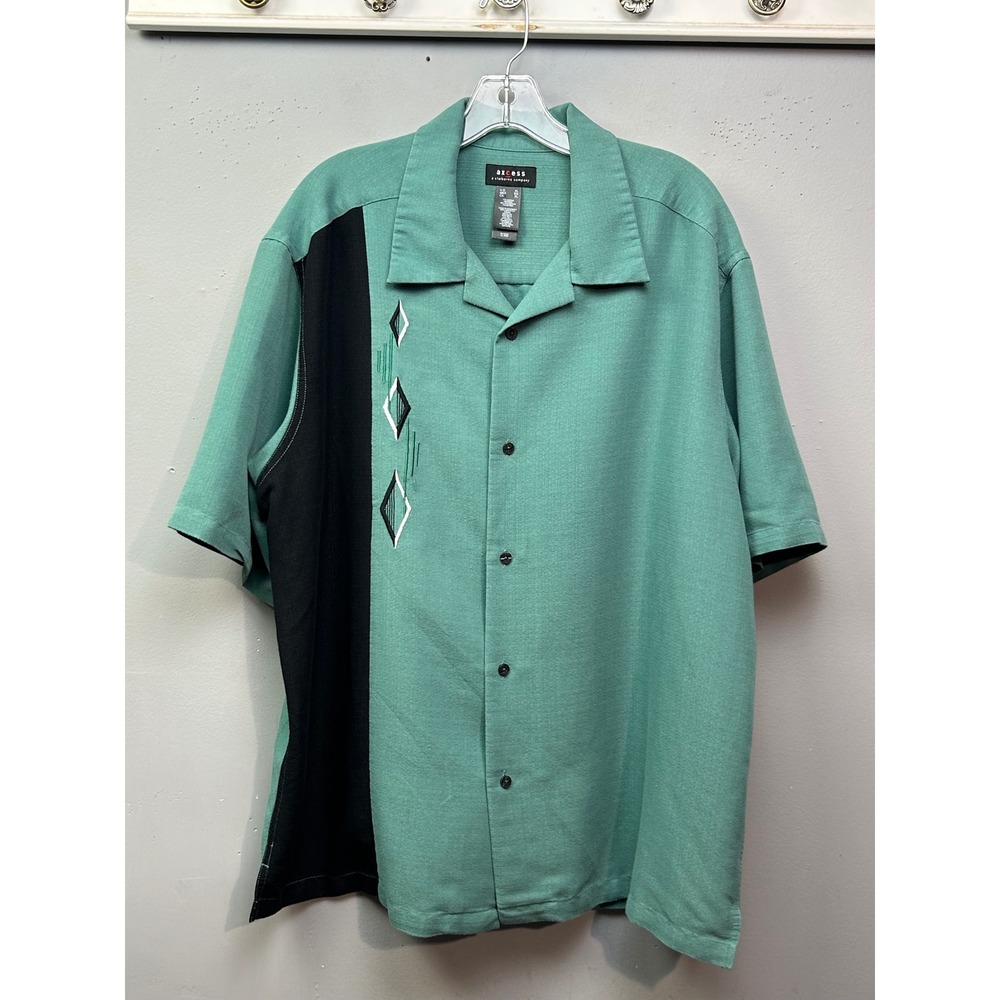 Axcess Button Down Shirt Mens XL Teal Green Short Sleeve Geometric Camp Retro